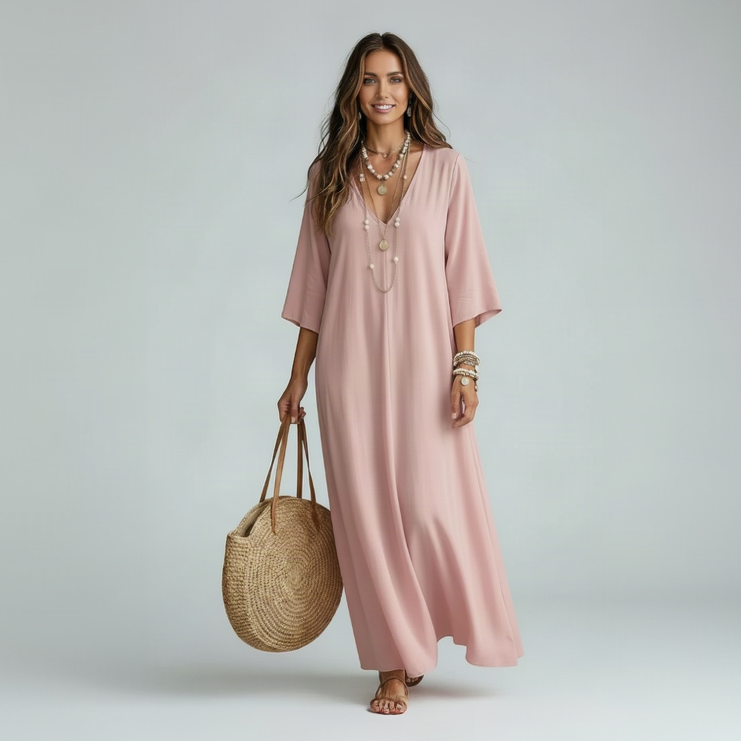 Robe rose, visage souriant