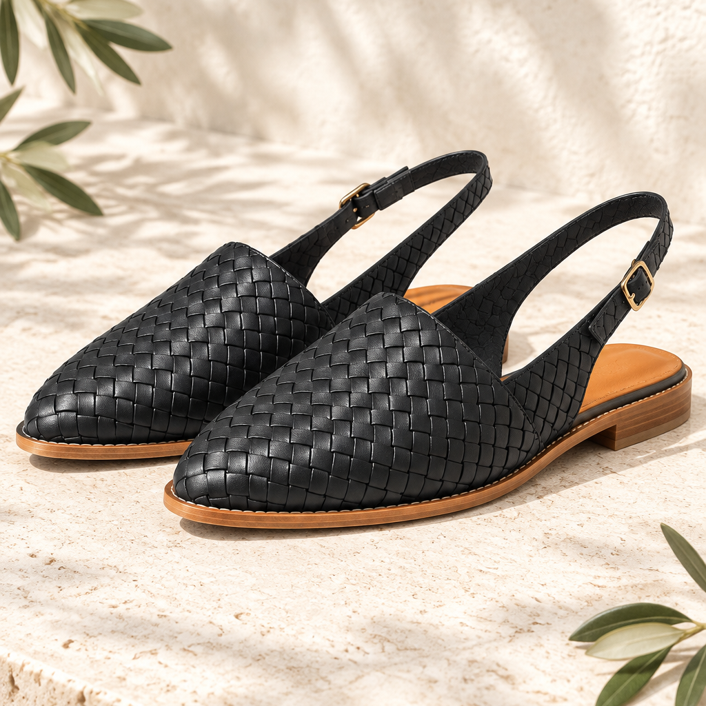 Sandales Black au tressage fin sur pierre claire